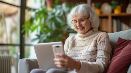 Happy senior woman using mobile phone for shopping online while using laptop.generative ai