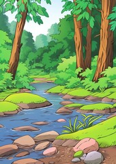 Naklejka premium Landscape with Forest River. Children's book illustration in cartoon style.