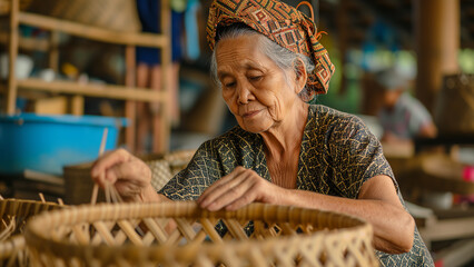 Craftswoman at Work: A Southeast Asian Woman Weaving a Rattan Basket - obrazy, fototapety, plakaty