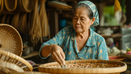 Craftswoman at Work: A Southeast Asian Woman Weaving a Rattan Basket - obrazy, fototapety, plakaty