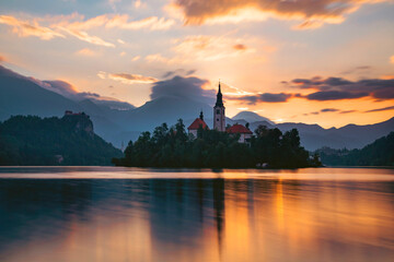 Amazing View On Bled Lake, Island,Church And Castle With Mountain Range