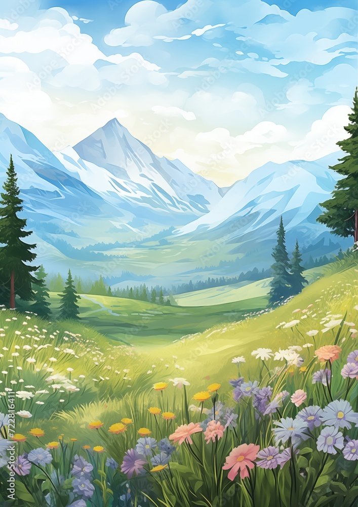 Wall mural Summer Mountains Meadows. Children's book illustration in cartoon style.