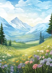 Summer Mountains Meadows. Children's book illustration in cartoon style.