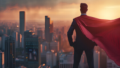 businessman in suit and red cape stand at rooftop