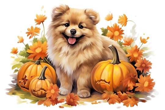 Pomeranian dog with pumpkins and flowers. Vector illustration.