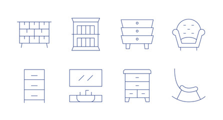 Furniture icons. Editable stroke. Containing chestofdrawers, drawers, bookshelf, sink, bedsidetable, dresser, armchair, rockingchair.