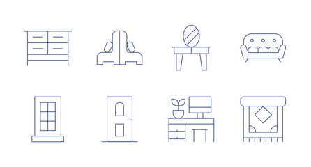 Furniture icons. Editable stroke. Containing dresser, window, sofa, door, dressingtable, desk, magiccarpet.
