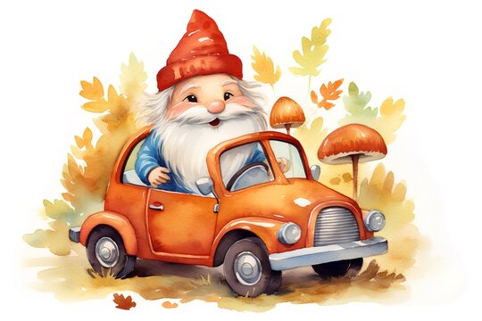 Garden gnome in a red old car. Watercolor illustration