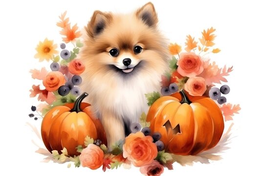 Pomeranian dog with pumpkins and flowers isolated on white background