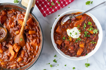 Healthy food for dinner or lunch with kidney bean stew with butternut pumpkin on a plate