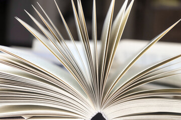 stack of books, close up. Open book on the table in library. Back to school concept. Open book on...