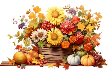 Obraz premium Autumn bouquet with pumpkins, chrysanthemums and berries isolated on white background.