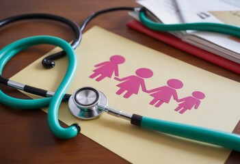 Take out health insurance for family. Stethoscope, paper heart and silhouette of family on wooden background top view