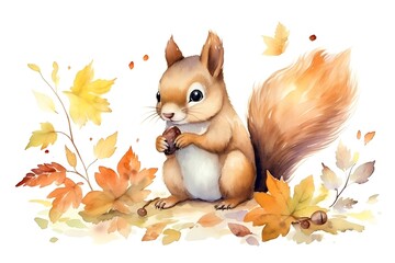 Watercolor squirrel with autumn leaves isolated on white background. Hand drawn illustration