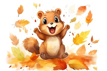 Naklejka premium Cute cartoon squirrel sitting in autumn leaves. Watercolor illustration.