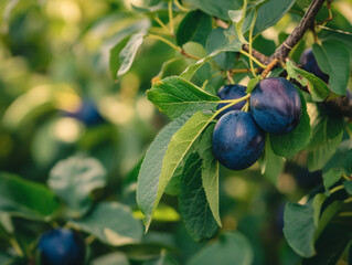 Clusters of ripe damsons on a branch in soft light.