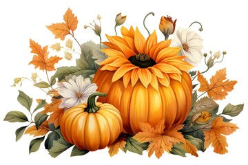 Naklejka premium Autumn vector background with pumpkin, flowers and leaves. Vector illustration.