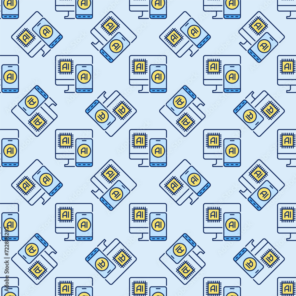 Poster ai in pc and smart-phone vector artificial intelligence phone colored seamless pattern
