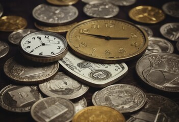 clock and stacks of coins : time - money