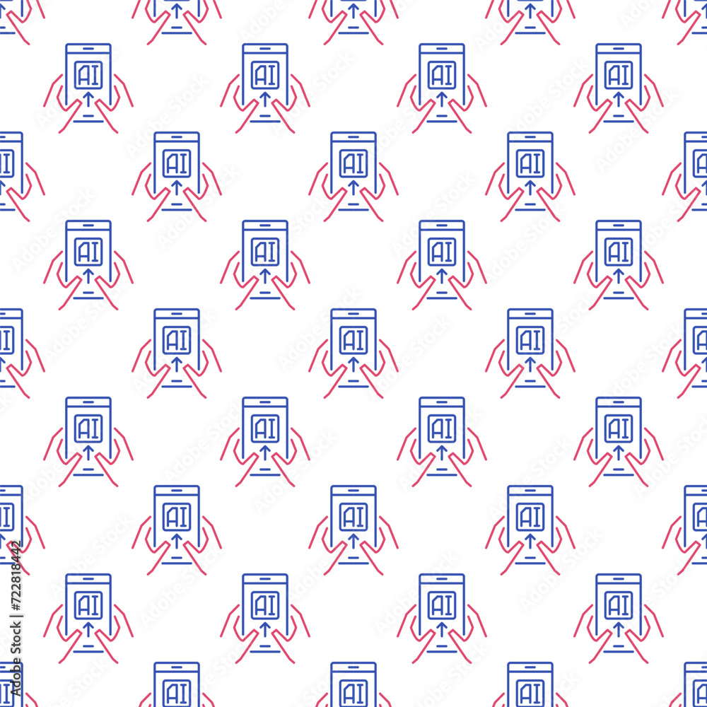 Poster artificial intelligence on smartphone in hands vector ai seamless pattern in thin line style