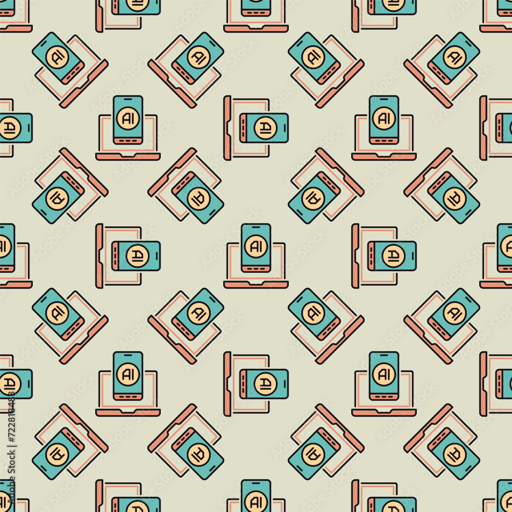 Poster artificial intelligence smartphone and laptop computer with vector ai colored seamless pattern