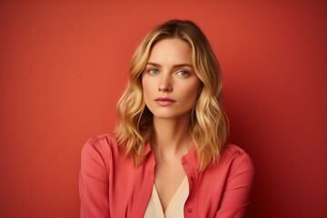 Portrait of a beautiful young blonde woman on a red background.