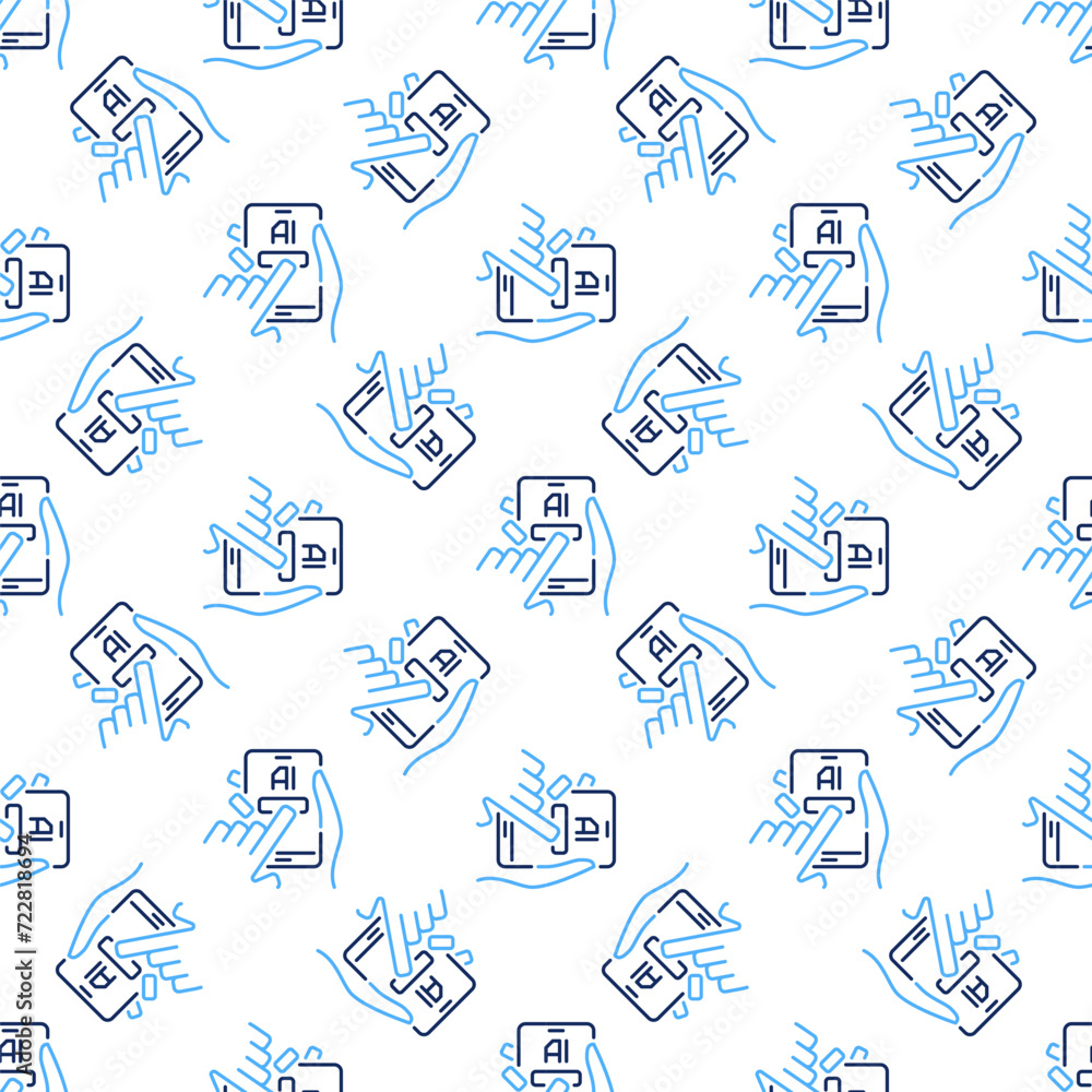 Poster hands with smart phone with artificial intelligence vector ai smartphone colored seamless pattern