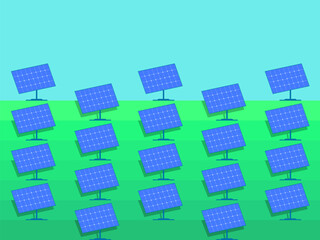 Solar panel on a green field. Landscape with a solar panel. Renewable energy, production of environmentally friendly electricity. Design of advertising products and posters. Vector illustration