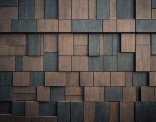 A wall of wooden panels of different shapes and sizes. Background.