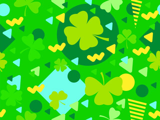 Geometric seamless pattern with clover in 80s style. Green four-leaf clover for St. Patrick's Day. Clover is a symbol of good luck. Design for promotional product, card and print. Vector illustration