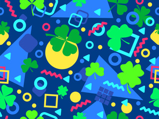 Geometric seamless pattern with clover in 80s style. Green four-leaf clover for St. Patrick's Day. Clover is a symbol of good luck. Design for promotional product, card and print. Vector illustration