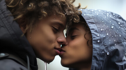 LGBT couple kiss lips. Passion and sensual touch. Closeup of mouths kissing. Two lgbtq in love. Lip...