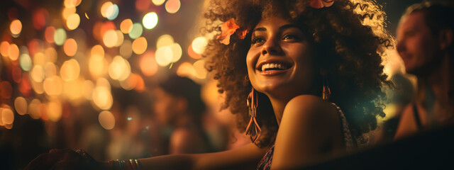 A young woman is dancing at a concert having a good time at an open air venue in the night.