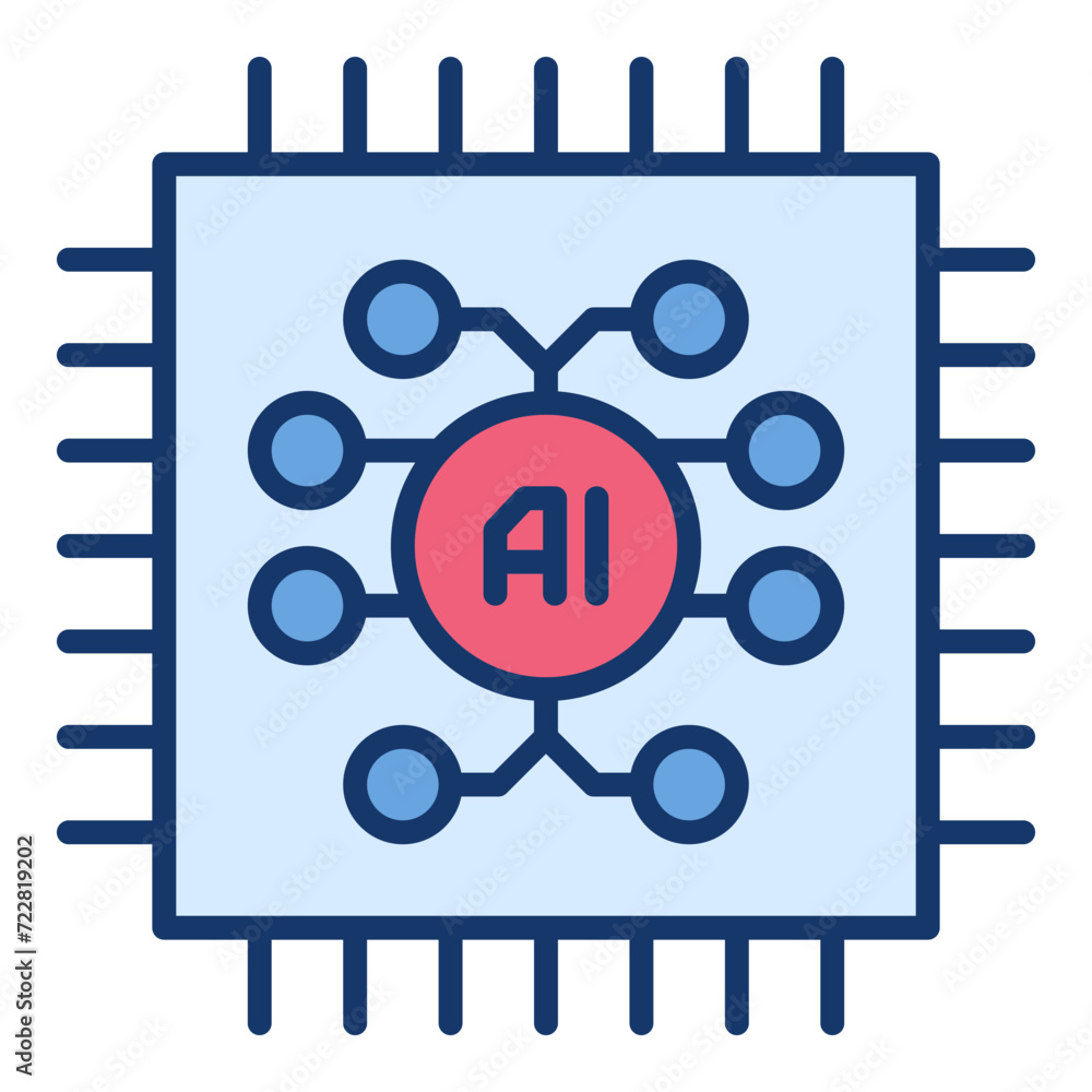 Poster computer chip with ai brain vector artificial intelligence technology colored icon or design element