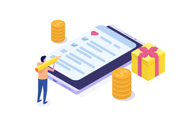 Online shopping wishlist, add to personalized collection isometric concept. Vector illustration.