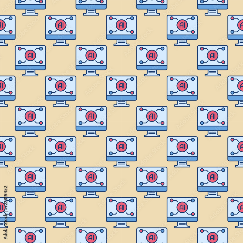 Poster ai technology on pc screen vector artificial intelligence computer colored seamless pattern in outli