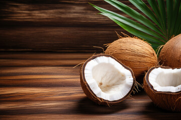 Coconuts with palm leaves on wooden background flat lay