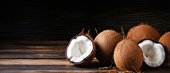 Fresh raw coconut on wooden background - obrazy, fototapety, plakaty