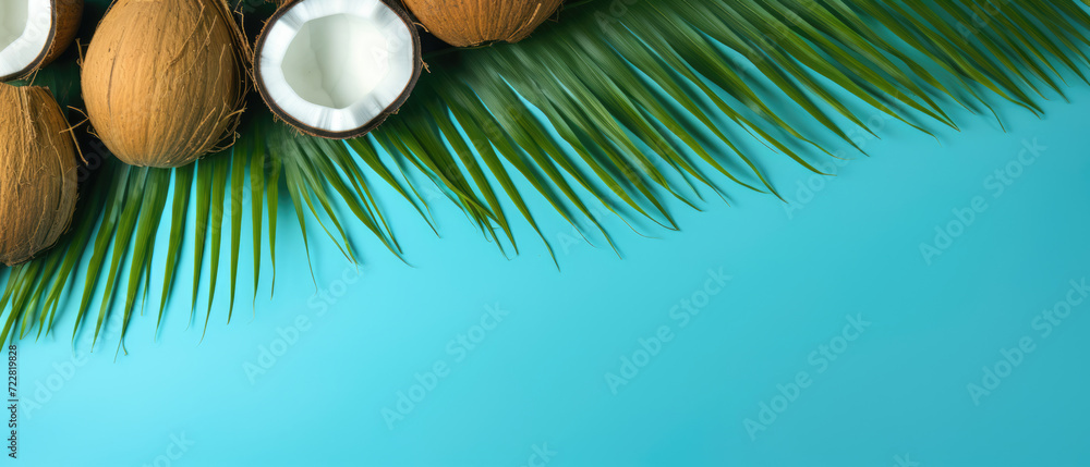 Poster coconuts with palm leaves on blue background. horizontal banner. copy space for text