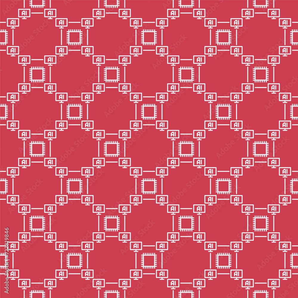 Poster computers with ai chip vector artificial intelligence technology outline red seamless pattern