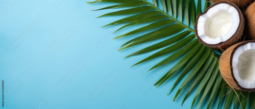 Poster coconuts with palm leaves on blue background. horizontal banner. copy space for text