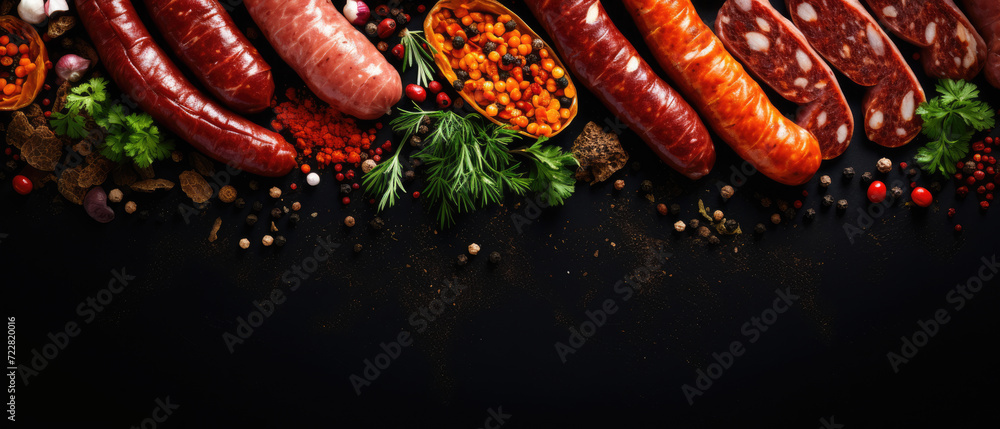 Poster set of different sausages and salami with spices on a black table