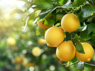 Cluster of fresh, ripe sunlit lemons, ready for harvest.