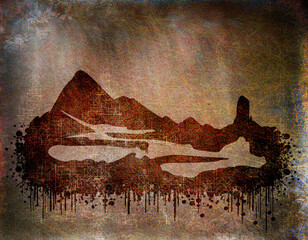 Grunge Style - Skyline Silhouette Berge und Unterwelt - schwebendes Gebirge mit abstraktem Untergrund und geheimen Gängen - Fantasy