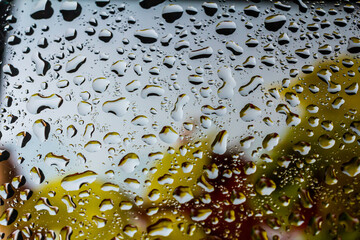 abstract background fall, glass drops autumn yellow leaves wet october weather
