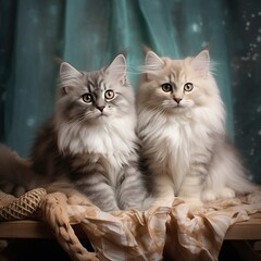Two persian kittens of siberian breed on a dark background