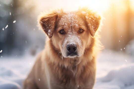 Beautiful golden retriever dog sitting in the snow in winter.