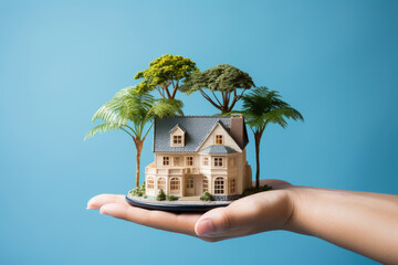 House with trees on hand, concept for selling, buying real estate