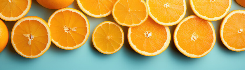 Fototapeta premium Sliced oranges on a blue background. Horizontal banner