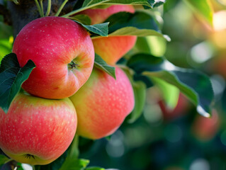 Obraz premium Red apples hanging on tree branches in sunlight.